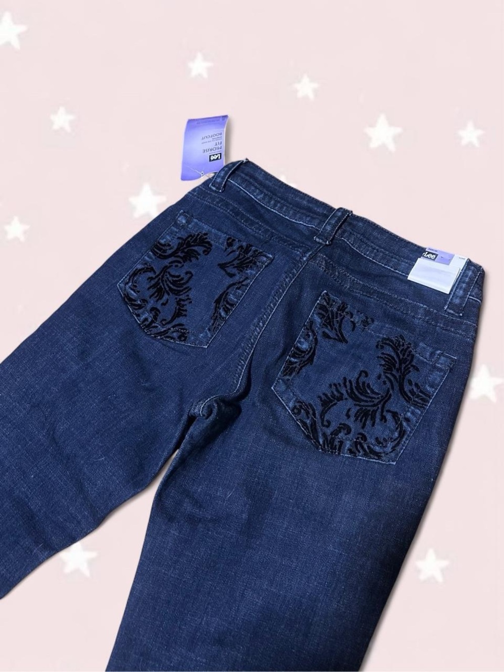 Vintage Y2K Lee Women's Dark Blue Jeans with Velvet Damask Back Pockets